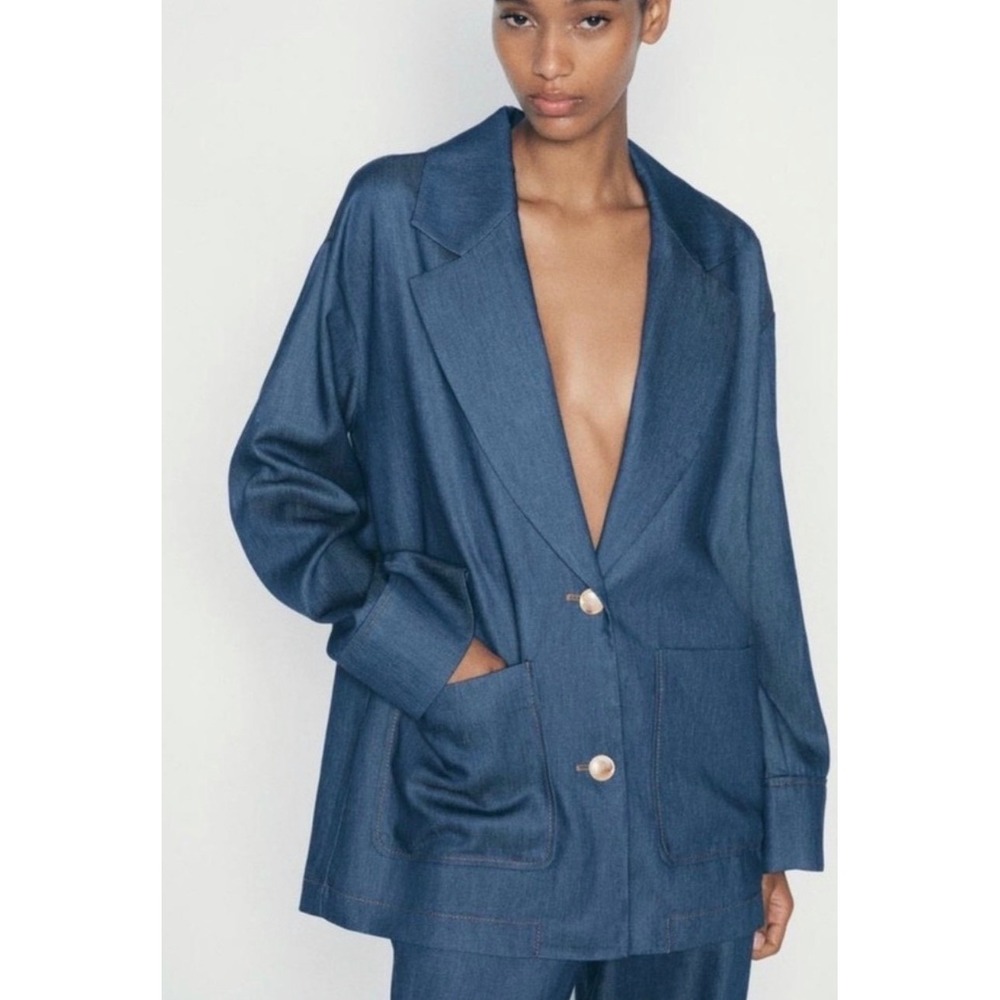 Zara Women Oversized Dark Wash Denim Blazer Jacket Blue Notched Lapel XL